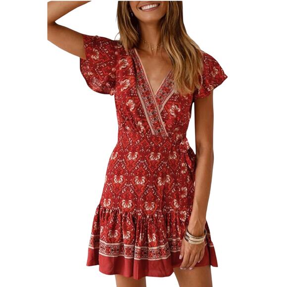 NWT ZESICA Pink Floral Wrap V-Neck Bohemian Ruffle Swing Mini Dress - SIZE L - Picture 8 of 8